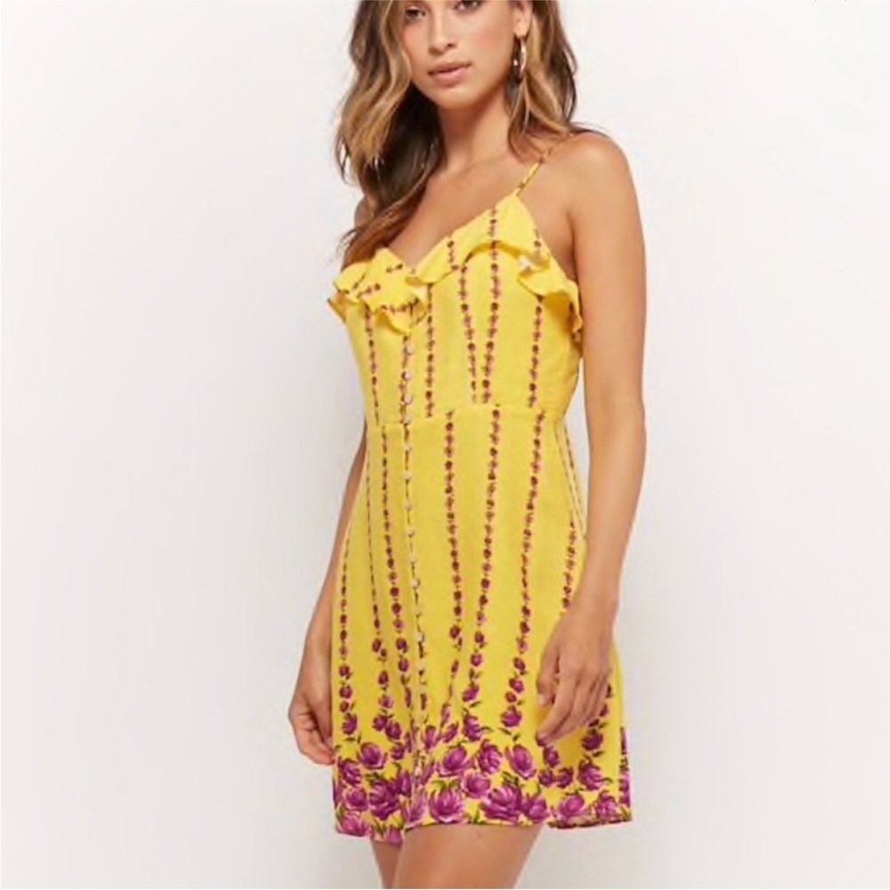 Button front yellow and purple floral mini dress